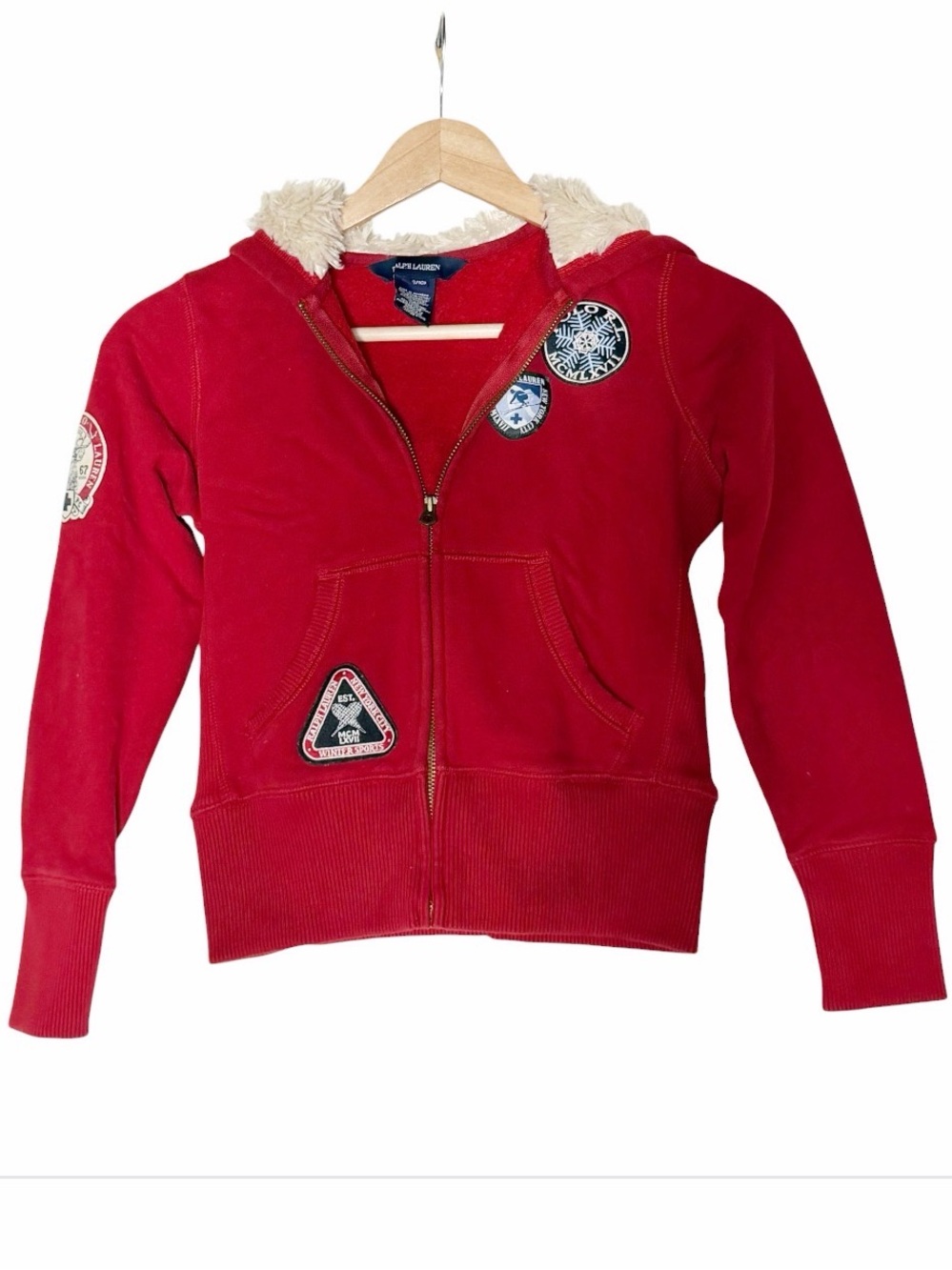 Ralph Lauren Kids' Full Zip Embroidered Patch Hoodie Size M Red Faux Fur Lined